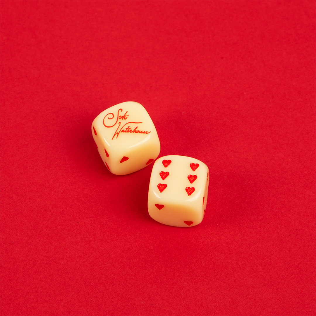 Loveland Cream Dice text and heart dots