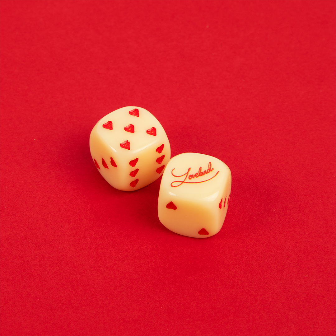 Loveland Cream Dice text and heart dots alt