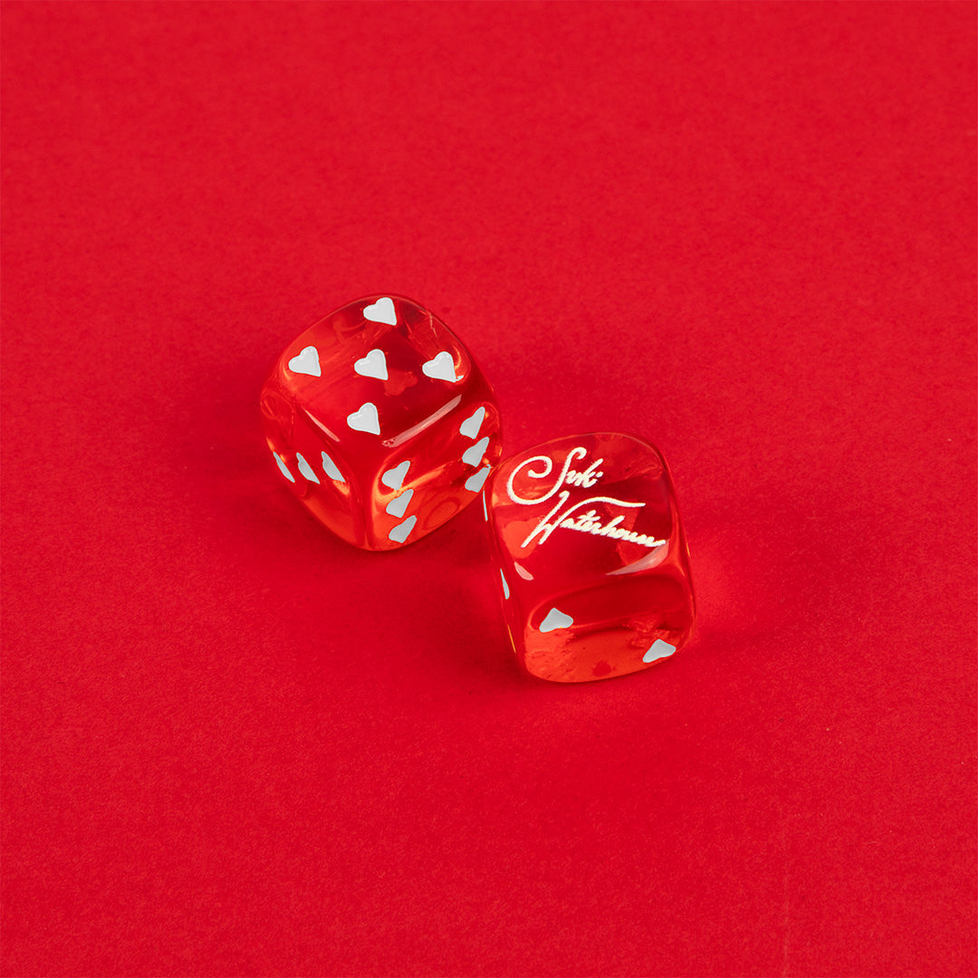 Loveland Red Dice text and heart dots alt